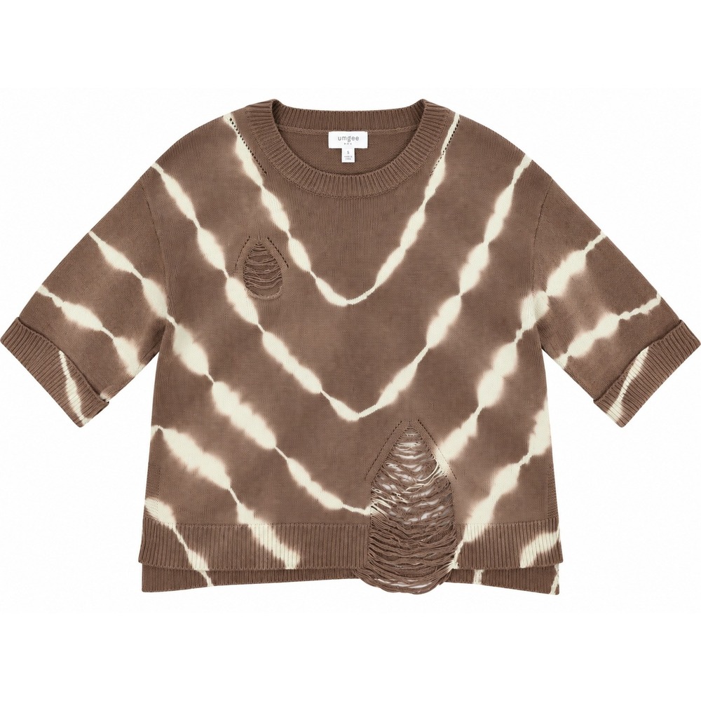 Umgee USA Brown Tie Dye Distressed Short Sleeve Sweater Boho Size S